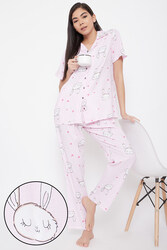 Clovia Bunny & Heart Print Button Down Shirt & Pyjama in Baby Pink - Rayon