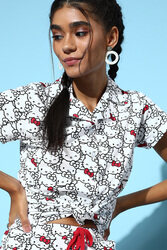 Clovia Hello Kitty Print Button Down Shirt & Pyjama Set in White - 100% Cotton