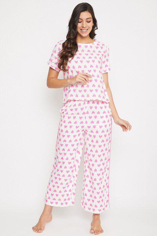 Clovia Heart Print Cropped Top & Wideleg Ankle Length Pyjama in White - Rayon