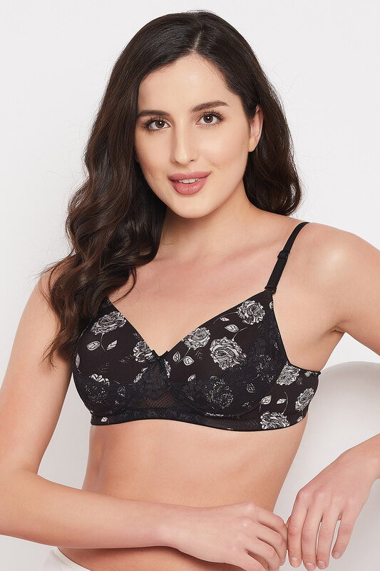 

Clovia Padded Non-Wired Full Cup Floral Print Multiway T-shirt Bra in Black