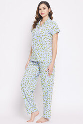 Clovia Margarita Glass Print Button Down Shirt & Pyjamas Set in Powder Blue - 100% Cotton