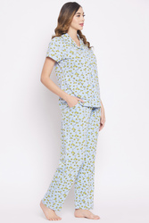 Clovia Margarita Glass Print Button Down Shirt & Pyjamas Set in Powder Blue - 100% Cotton