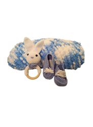 Pikkaboo Heavenly Hugs Mr. Rabbit Crochet Teether, Booties, and Blanket Set, White/Blue