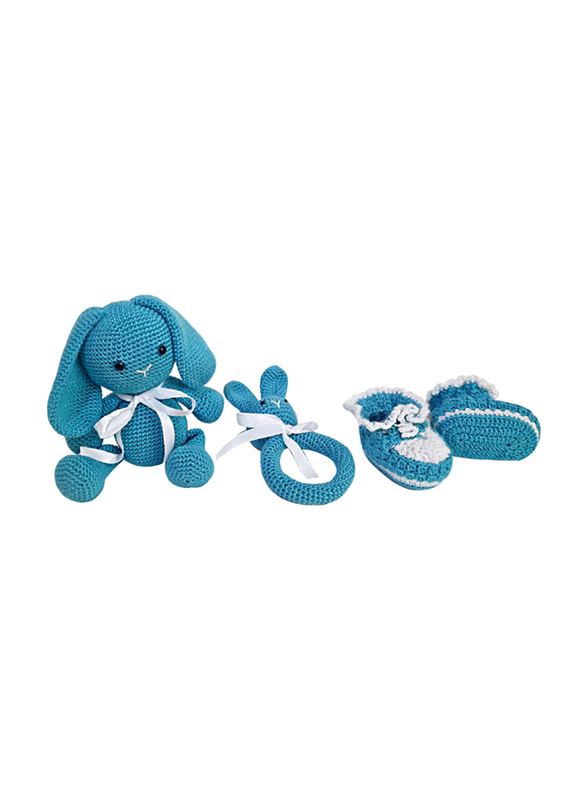 Pikkaboo Snuggle and Play Soft Crocheted Bunny Set, White/Blue