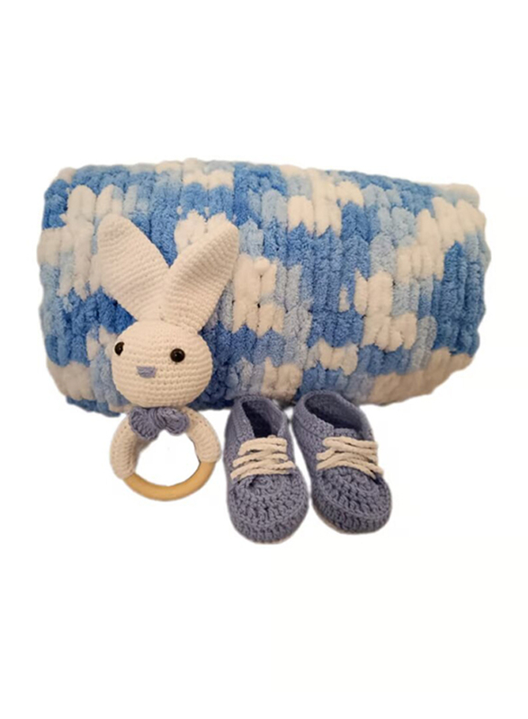 Pikkaboo Heavenly Hugs Mr. Rabbit Crochet Teether, Booties, and Blanket Set, White/Blue