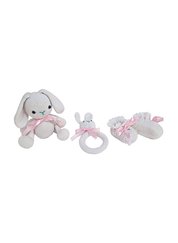 Pikkaboo Snuggle and Play Soft Crocheted Bunny Set, White/Pink