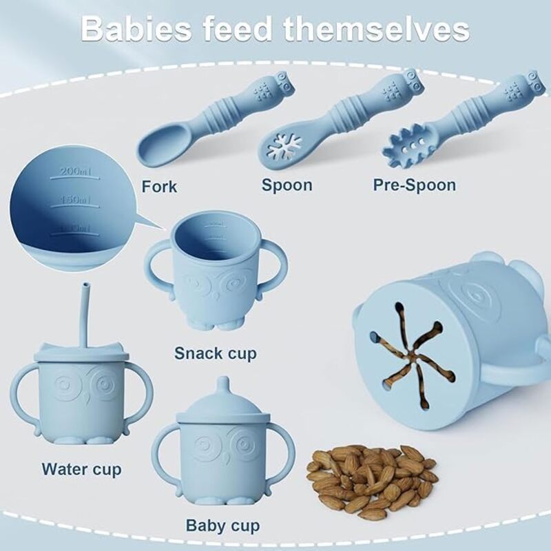 Silicone Baby Feeding Set, Baby Weaning Feeding Supplies with Suction Bowl,Toddler Self Feeding Dish Set with Spoons Forks Sippy Cup Adjustable Bib, Eating Utensils and Mat