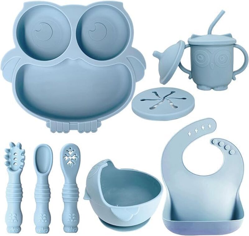 Silicone Baby Feeding Set, Baby Weaning Feeding Supplies with Suction Bowl,Toddler Self Feeding Dish Set with Spoons Forks Sippy Cup Adjustable Bib, Eating Utensils and Mat