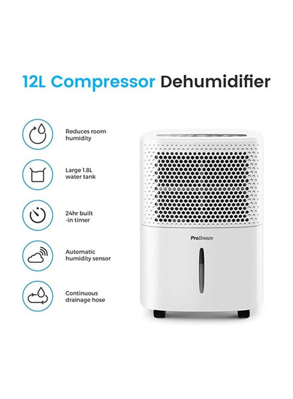 Pro Breeze Dehumidifier with Digital Humidity Display, 12 L, White