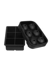2-Piece Large Ice Maker Hold Silicone Cube Tray And Ball Tray, Black