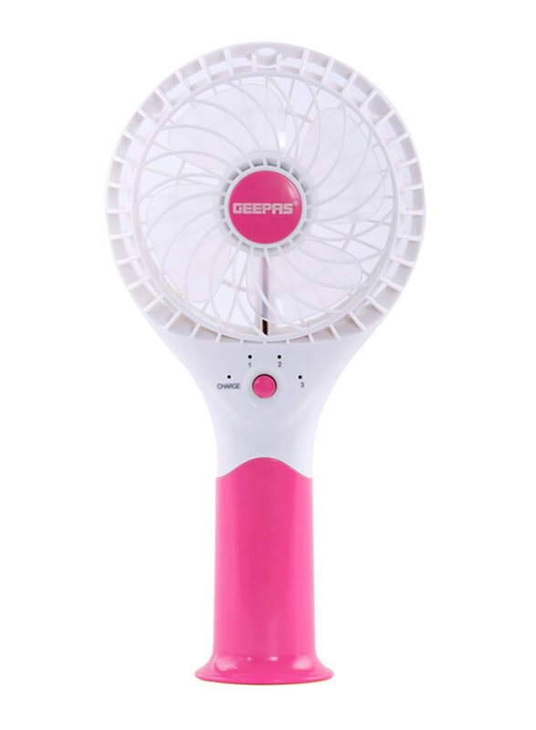 Geepas Rechargeable Mini Personal Portable Fan with 3 Speed, Pink/White