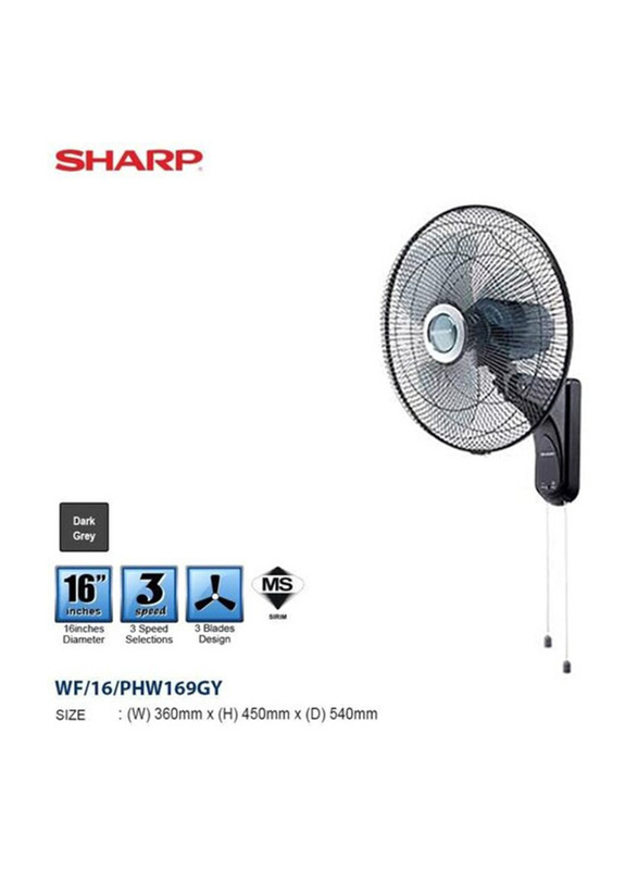 Sharp 16-inch Wall Mount Fan, 50W, Pjw169, Dark Grey