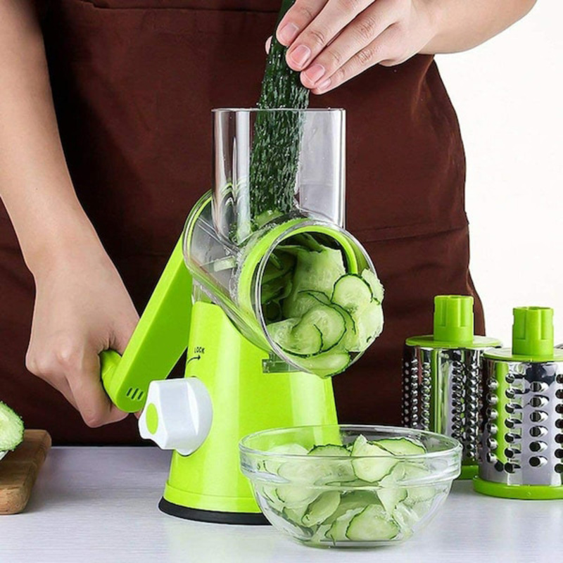 4-Piece 3 In 1 Handheld Spiral Rotary Drum Slicer for Vegetable Fruit Cheese Nut, Green