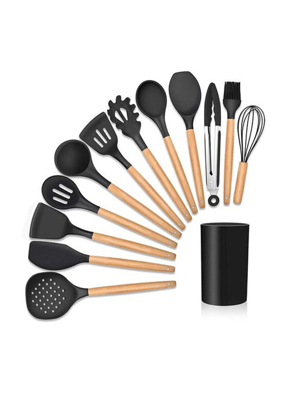 11-Piece Rubik Kitchen Utensils Silicone Spatula Set with Organizer Cup Holder, Non-Stick & Non-Toxic Cooking Tools with Tongs/Spatula/Turner, Ladle & More, Black/Beige