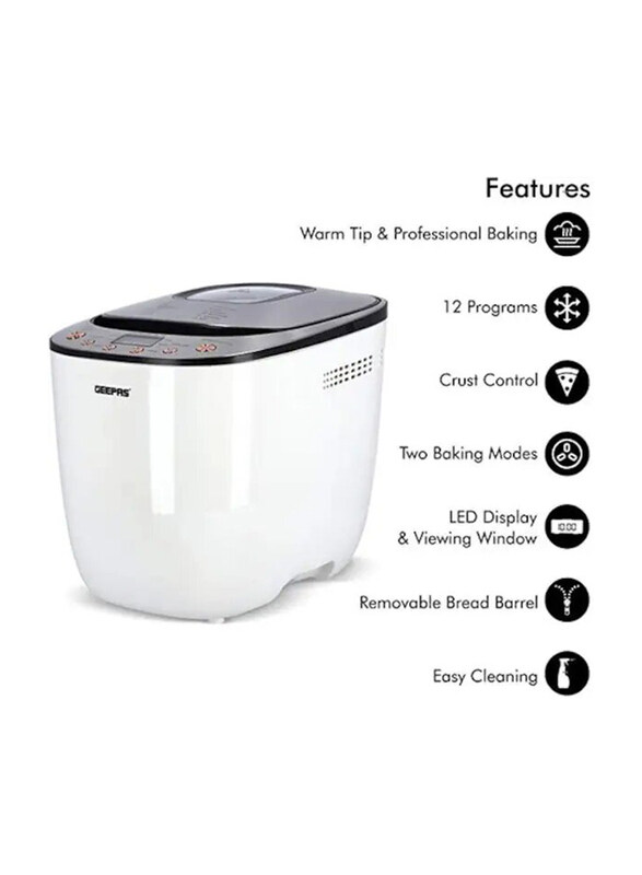 

Geepas 12 Preset Functions Fast-Bake Automatic Bread Maker, 550W, White