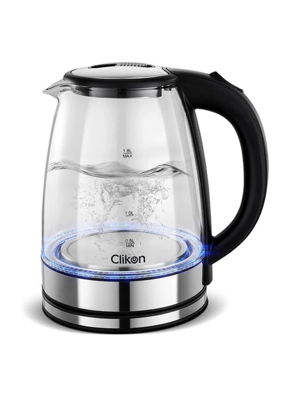 Clikon 1.8L Glass Body Electric Kettle with LED Glow Indicator, Cordless, Boil Dry Protection & Smart Power Off Technology, 1500W, CK5138, Clear
