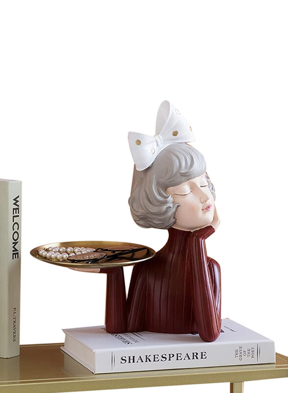 

Perfect Mania Head Sculpture Statue Resin Bow Girl Tray Desktop Storage Figure Sculpture Home Decoration, Multicolour