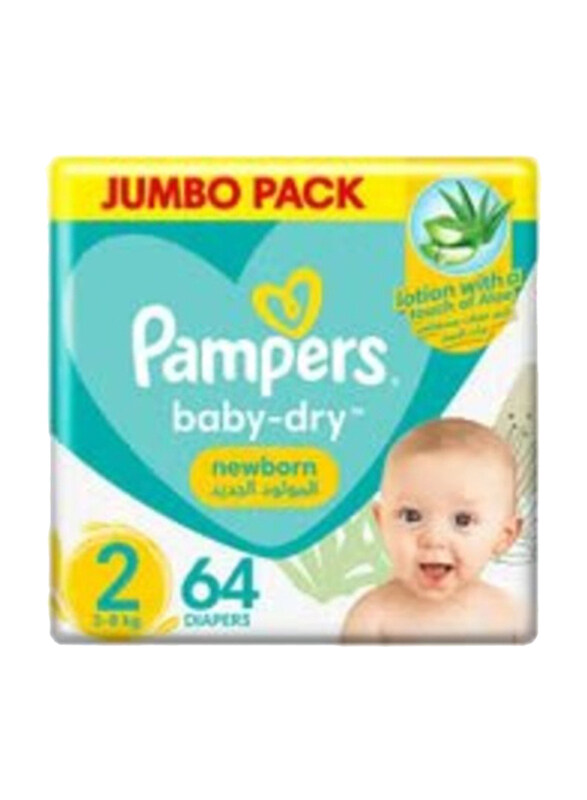 

Pampers Baby Dry Newborn Taped Diapers With Aloe Vera Lotion, Size 2, 3-8 Kg, Jumbo Pack, 64 Count