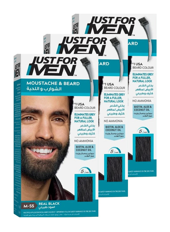 Just For Men X 3 Brush-In Color Gel for Moustache & Beard, M-55 Real Black