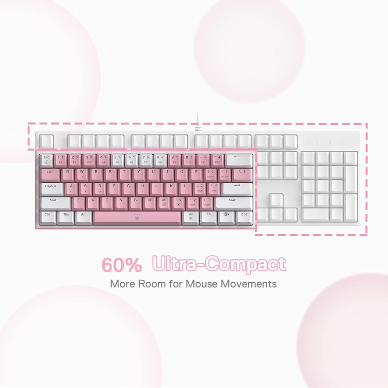 Red Dragon K617 Physe Gaming Keyboard with 60% RGB Wire & 61 Built-in Mechanical Keycaps, Linear Red Key, Supports Professional Driver/Software, White/Pink
