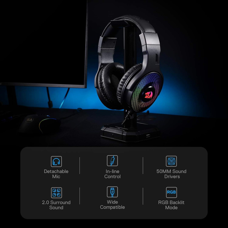 Red Dragon H350 Pandora Wired Gaming Headset with RGB Color Space, Dynamic Backlight & Stereo Surround Sound, Black