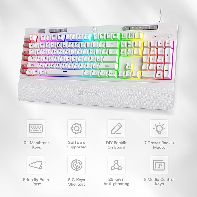 Red Dragon K512 Shiva RGB Backlit Gaming Keyboard with Multimedia Keys, Linear Mechanical Touch Switch, 6 Built-in Macro Keys, Dedicated Media Control & Detachable Wrist Rest, White