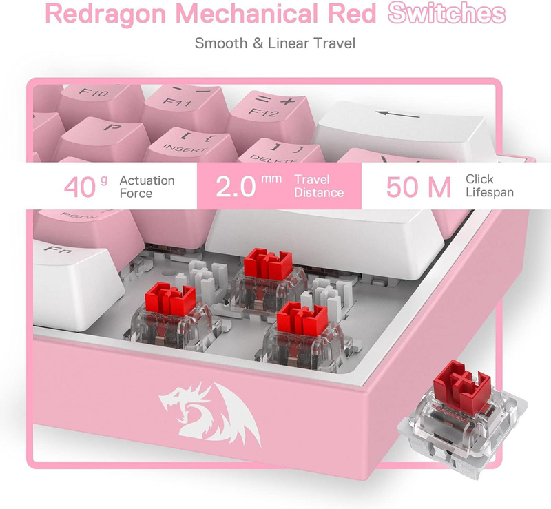 Red Dragon K617 Physe Gaming Keyboard with 60% RGB Wire & 61 Built-in Mechanical Keycaps, Linear Red Key, Supports Professional Driver/Software, White/Pink