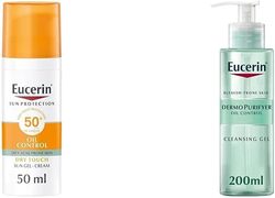 Eucerin Sun Oil Control Gel-Cream SPF50+ 50ml & DermoPurifyer Cleansing Gel, Acne-Prone Skin, Fragrance-Free, Soap-Free, 200ml