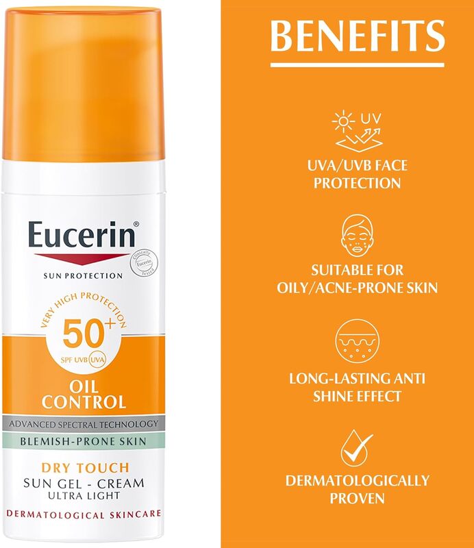 Eucerin Face Sunscreen Oil Control Gel-Cream Dry Touch, High UVA/UVB Protection, SPF 50+, Light Texture Sun Protection, Suitable Under Make-Up, for Oily acne prone skin, 50ml - Pack May Vary