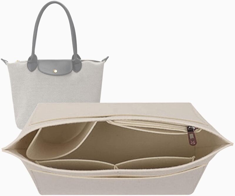 Lckaey tote bag organizer insert for Longchamp le pliage large tote insert felt purse zipper bag organizer 1028beige-S