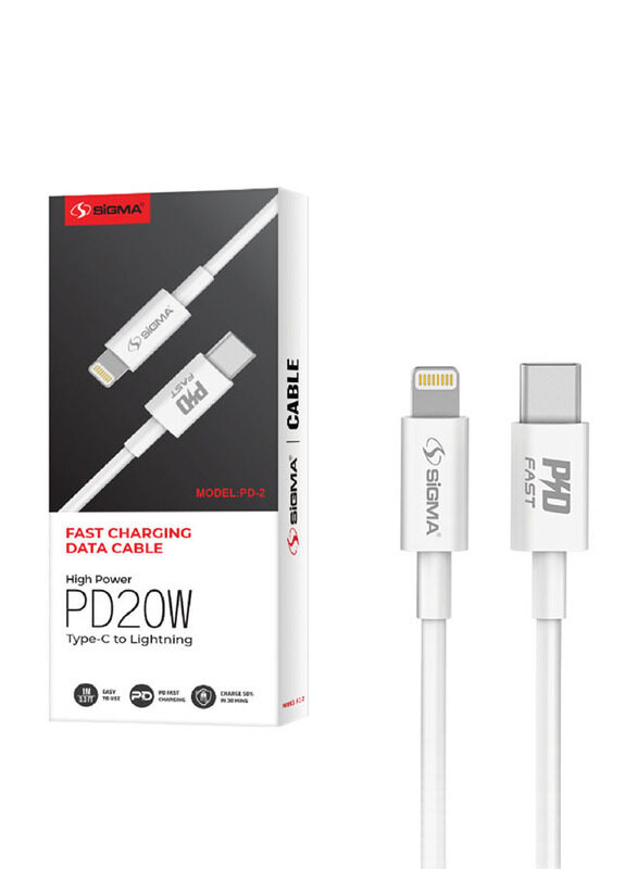 

Sigma 100cm PD-02 20W Lightning Farst Charging Data Cable, USB Type C Male to Lightning for Lightning Devices, White