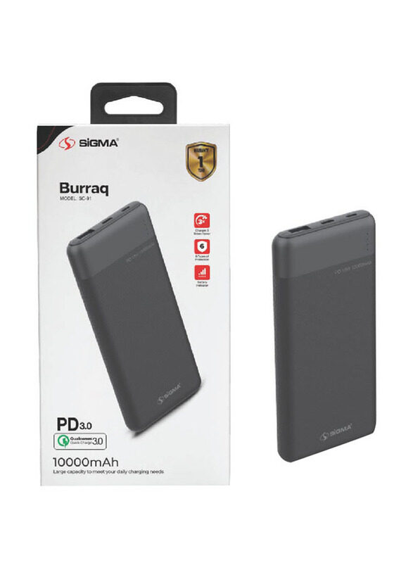 

Sigma 10000mAh SC-91 Burraq Wired Fast Charging Power Bank with Type-C and Micro-USB Input, Black