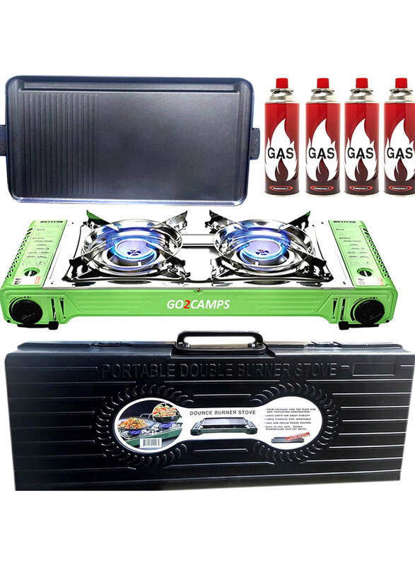 

Go2Camps 4-Piece Korean Double Burner Butane Camping Stove With BBQ Grill Tray Caston Hotplate Humburger Set, Assorted Color