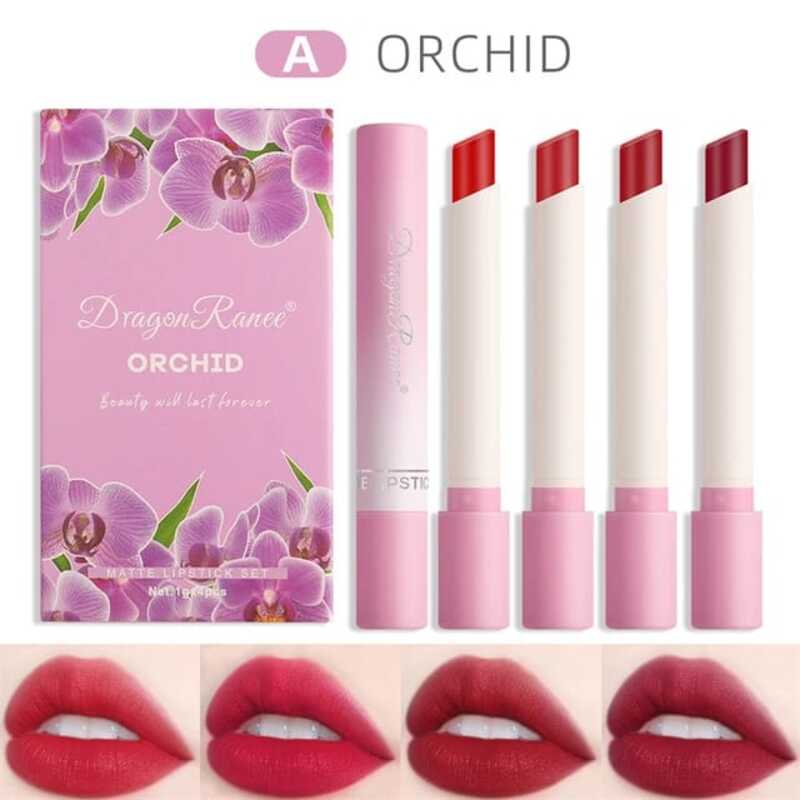 Dragon Ranee, 4PCS Matte Cigarette lipstick Set, Velvet Smooth Nude Lipstick Nude Lip Gloss Kit, Waterproof Hydrating Long Lasting Non-Stick Cup, Lip Makeup Gift For Girls Women (ORCHID)