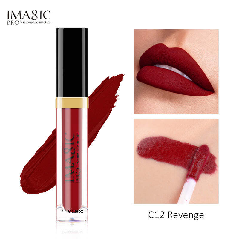 IMAGIC Velvet Lipgloss  12 Vibrant Colors  Long-Lasting, Highly Pigmented Formula  Soft Applicator for Easy Application (C12 REVENGE 7ML)