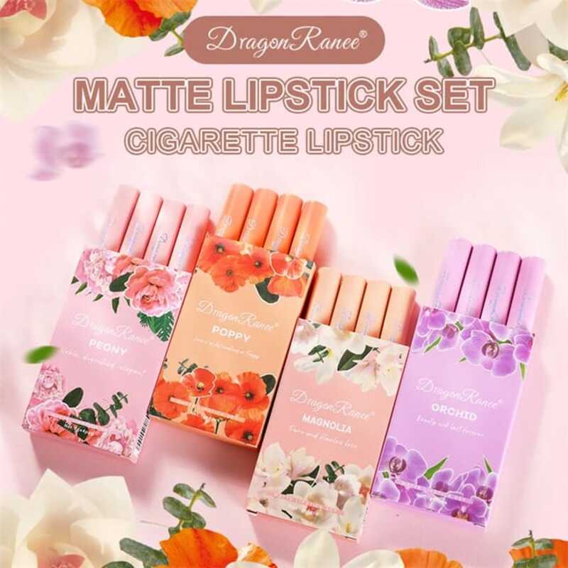 Dragon Ranee, 4PCS Matte Cigarette lipstick Set, Velvet Smooth Nude Lipstick Nude Lip Gloss Kit, Waterproof Hydrating Long Lasting Non-Stick Cup, Lip Makeup Gift For Girls Women (MAGNOLIA)