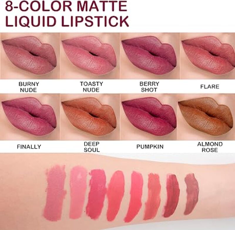 8 Piece Matte Liquid Lipstick Set - Non-Stick Cup, Waterproof, Long-Lasting, Birthday Edition - Durable Lipgloss Cosmetics Makeup Kit for Women and Girls (8PCS)