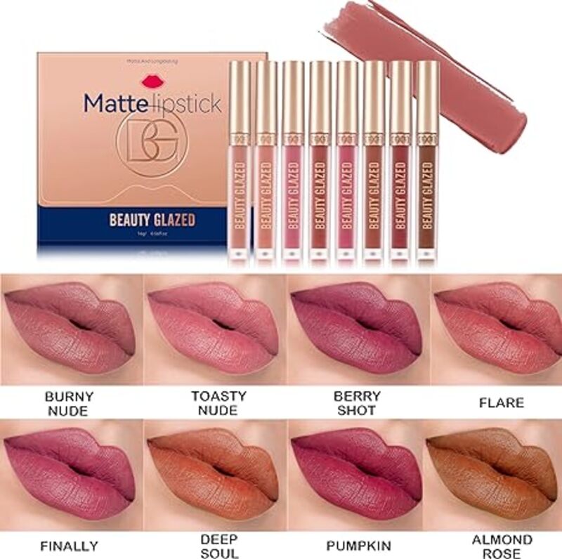 8 Piece Matte Liquid Lipstick Set - Non-Stick Cup, Waterproof, Long-Lasting, Birthday Edition - Durable Lipgloss Cosmetics Makeup Kit for Women and Girls (8PCS)