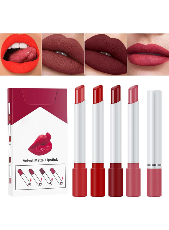 Velvet Smooth Nude Waterproof Matte Cigarette Lipstick Set, 4 Pieces, Red, 06