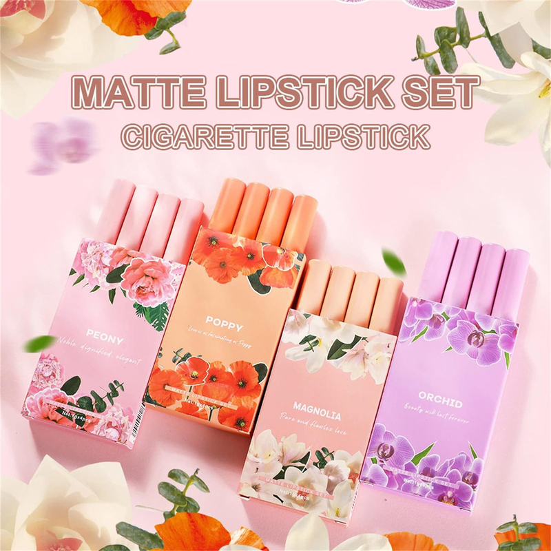 Velvet Smooth Nude Waterproof Matte Cigarette Lipstick Set, 4 Pieces, Pink, A