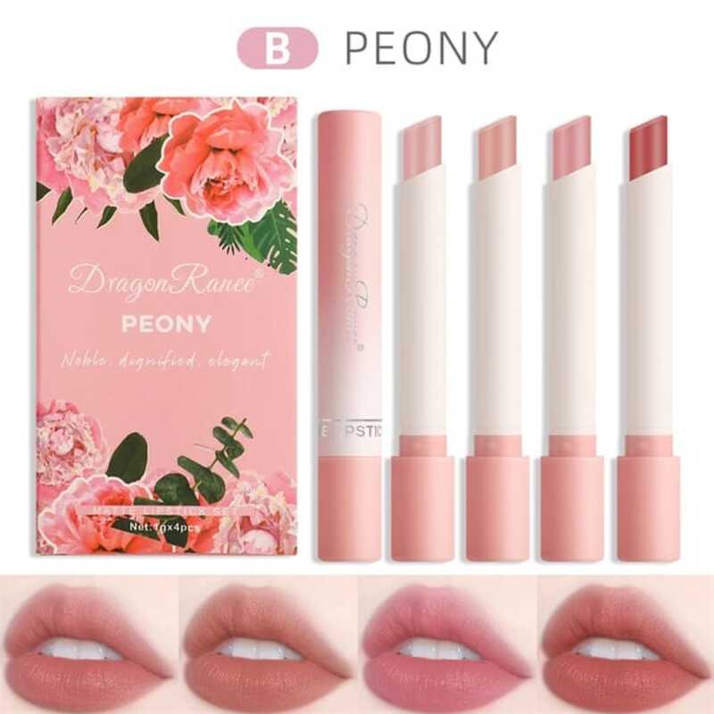 Dragon Ranee, 4PCS Matte Cigarette lipstick Set, Velvet Smooth Nude Lipstick Nude Lip Gloss Kit, Waterproof Hydrating Long Lasting Non-Stick Cup, Lip Makeup Gift For Girls Women (PEONY)