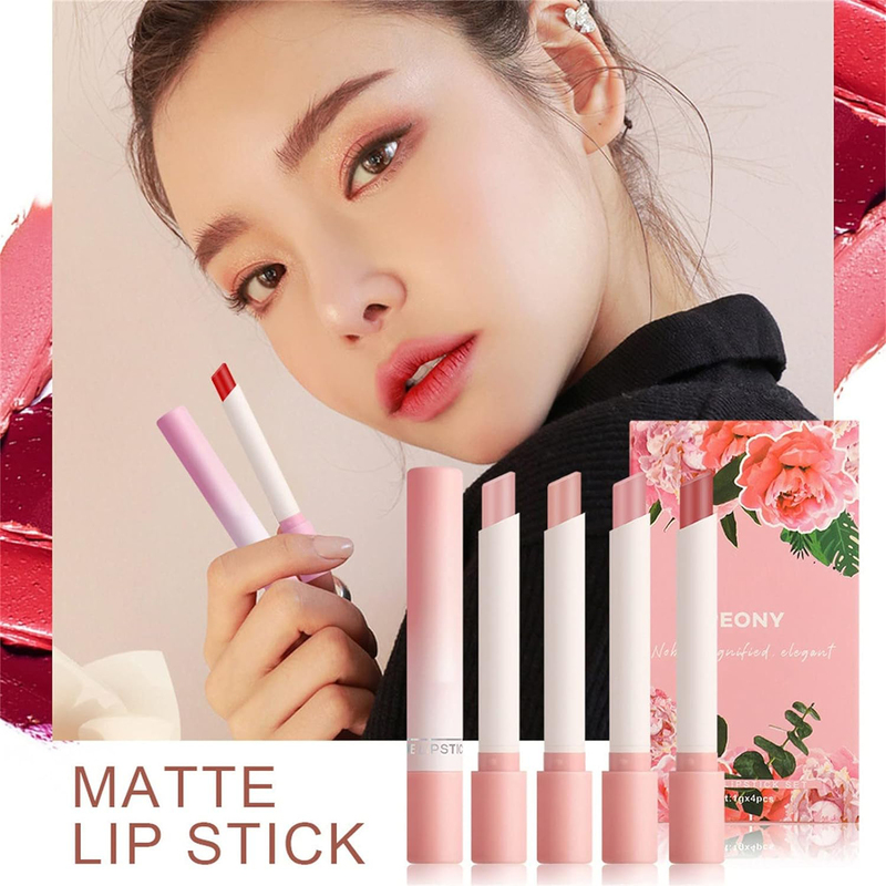 Velvet Smooth Nude Waterproof Matte Cigarette Lipstick Set, 4 Pieces, Pink, A