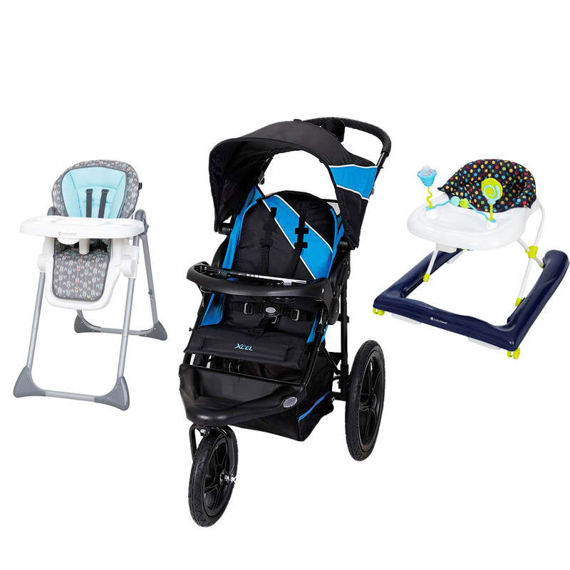 

Baby Trend Xcel Jogger Mosaic Blue + Sit Right High Chair Straight N Arrow + Trend 2.0 Activity Walker Set, Multicolour