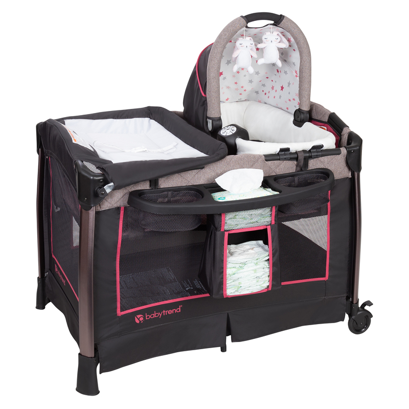 Baby Trend Espy 35 Travel System + Sit Right High Chair Paisley + GoLite ELX Nursery Center Stardust Rose Set, Multicolour