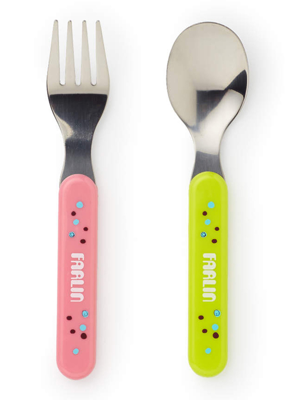Farlin Stainless Spoon and Fork Set, 4+ Months, Green/Pink