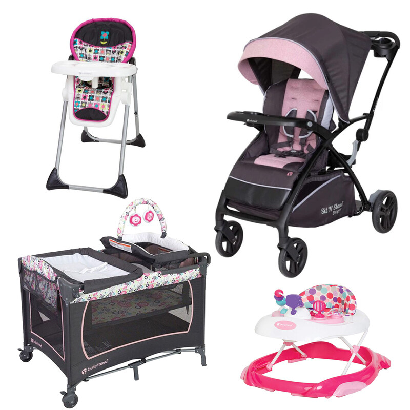 

Baby Trend Sit N Stand 5-in-1 Shopper Stroller + Sit-right 3-in-1 High Chair + WK38D34A Orby Activity Walker Pink + PY81B141 Lil Snooze Deluxe Nursery