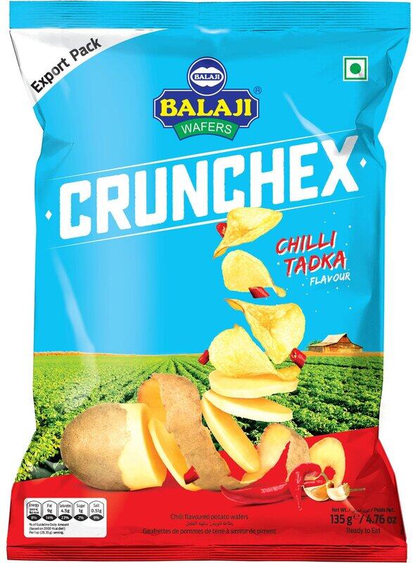 

Balaji Wafers Crunchex Chilli Tadka Chips Spice Up Your Snack Game 135gm, Pack of 24