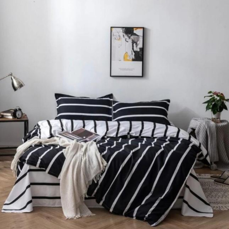 Deals For Less 6-Piece Horizontal Stripes Design Bedding Set, 1 Duvet Cover + 1 Flat Bedsheet + 4 Pillow Covers, Black/White, Queen/Double