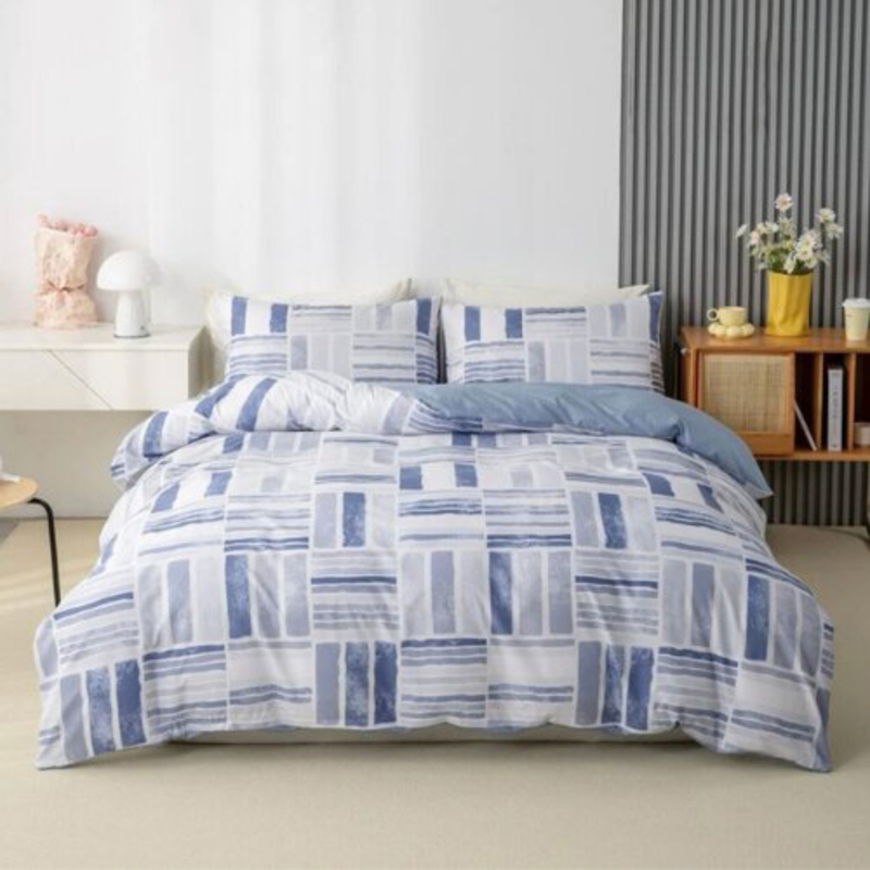 Luna Home 6-Piece Without Filler, Geometric Design Bedding Set, 1 Duvet Cover + 1 Flat Bedsheet + 4 Pillow Covers, Blue, Queen Size
