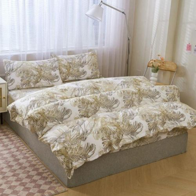 Deals For Less Luna Home 6-Piece Golden Leaf Design Duvet Cover Set, 1 Duvet Cover + 1 Flat Sheet + 4 Pillow Cases, Queen, Golden